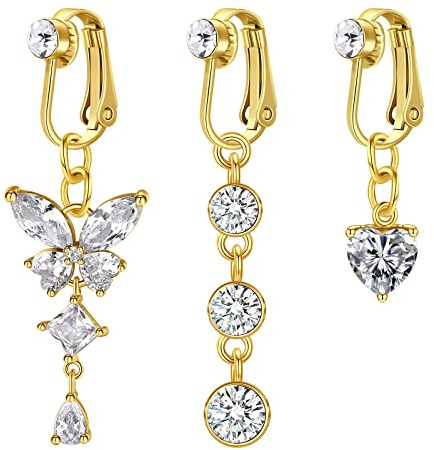 D.Bella Fake Belly Ring Clip on Surgical Steel Faux Dangle Belly Button Rings Non Piercings Earrings Diamond Butterfly Heart No Pierced Jewelry Gold