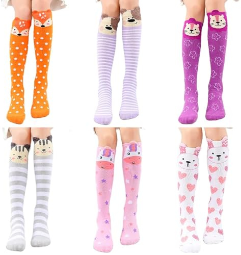 XEPST 6 Pares De Calcetines Hasta la Rodilla para Niñas - Calcetines Largos Niña de Dibujos Animados Calcetines de Bota de Algodón a Media Pierna para Niñas de 3 a 12 Años-Talla Única, Animal A