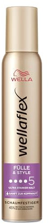 Wellaflex Fülle & Style Schaumfestiger für Frauen | Bis zu 24 Std. ultra starker Halt | Für volles, voluminöses Haar | Sanft zur Kopfhaut, dermatologisch getestet | Silikonenfrei | Haltegrad 5 | 200ml