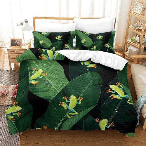 OJBKOBACC Tropical Frogs - Palm Leaf Chic 3D Duvet Cover Set Soft Microfiber Bedding Sets with Printed Quilt Cover & Pillowcase 3Pcs, Genders Double（200x200cm）
