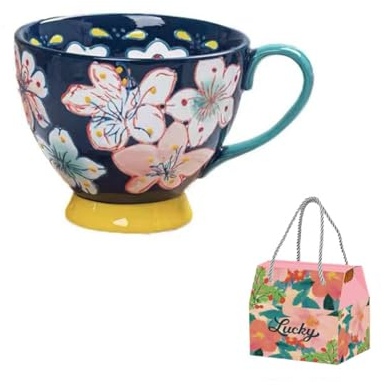 Faxianther Tasse en Céramique Peinte à la Main Tasse à Fleurs Vintage Bohème Tasse pour Lait Thé Fruits Porridge Café Cadeau Tasse à Grande Capacité 500 ml