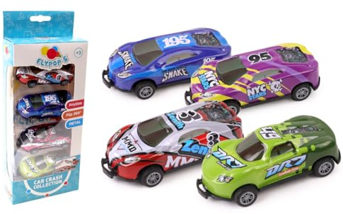 FLYPOP'S - 4 Voitures Crash Racing - Véhicule Friction - 022887 - Multicolore - Métal - Jouet Enfant - Cadeau - Miniature - Véhicule - 9 cm - À Partir de 3 Ans
