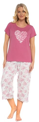 Suzy & Me Womens 100% Cotton Jersey Short Sleeved Cropped Leg Animal, Butterfly, Bear & Heart Design Pyjamas (RASPBERRY HEART 16-18)