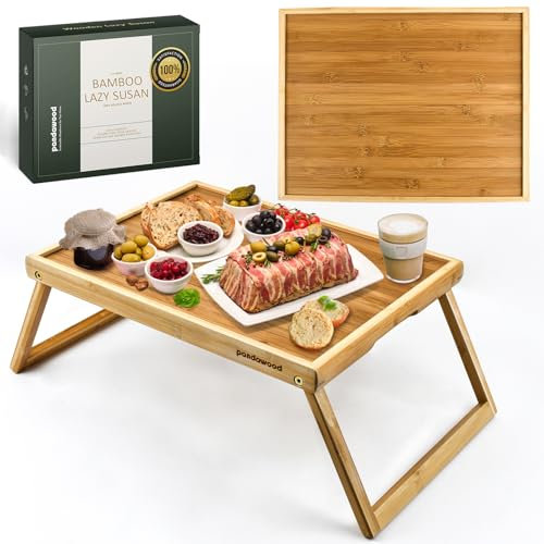 PANDAWOOD Acacia Wood Bed Tray Table - Large Folding Breakfast in Bed Tray with Legs - Laptop Lap Desk for Eating on Couch - TV Dinner Tray with Handles (Bamboo)