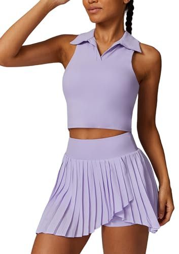 Tenniskleid Damen Golfkleid mit Hose drunter und Tasche Tank Top Tennisrock Plisseerock Sportanzug Trainingskleid Polokleid Für Baseball Tischtennis Joga Fitness Jogging Fahrrad Farhren violett XL