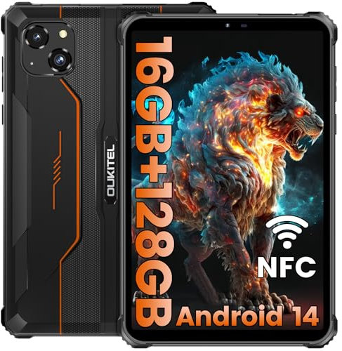 OUKITEL RT3 Pro Tablet Rugerizada 8 Pulgadas, 16GB (4+12)+128 GB/TF 1TB Android 14, Batería 5150mAh, Resistente Antigolpes, 16MP/4G Dual SIM/NFC/GPS/OTG/Face ID - Naranja