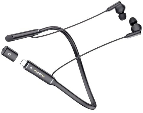 Promise A12 Neckband Bluetooth Earbuds – Wireless Headphones with Built-in Type-C OTG Connector, 60H Playtime, Fast Charging, Noise Cancelling, Magnetic & Lightweight Around-The-Neck Fit (Silver)