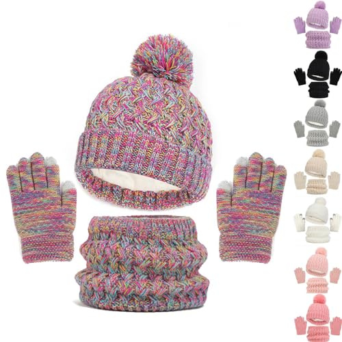 LDZYXY Cappello Invernale Sciarpa Guanti Touch Screen Set per Bambini 3-6 Anni Berretto Cappelli in Maglia con Pompon Scaldacollo Guanto Regali per Ragazze Ragazzo Berretto a Maglia per Bambini Viola