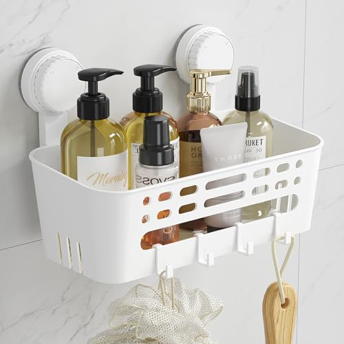 Lifewit Saugnapf Badregal, Duschablage Ohne Bohren, Kunststoff Bad Duschablage mit 4 Haken Duschregal Abnehmbar für Shampoo Conditioner Halter Duschkorb für Badezimmer Küche Organizer, 1 Stück
