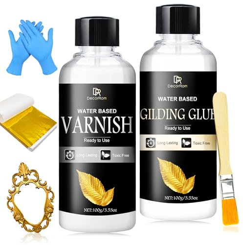 Kit de Cola para Dorado con Hoja de Oro - 200ml Adhesivo y Barniz a Base de Agua con Pincel, 100 Hojas de Oro para Arte, Manualidades, Pintura, Decoración de Muebles - Materiales de Pintura y Dorado