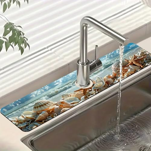Beach Sink Splash Guard Shells Starfish Waves Faucet Absorbing Mat Fast Drying Mat Sink Gadgets Splash Guard Behind Faucet Drip Catcher for Kitchen Bathroom, 23.5x5.5