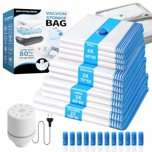 Bolsas Vacio Ropa Con Bomba Eléctrica,12 Piezas Bolsas Almacenaje Ropa,(2 Jumbo 80x100cm,3 Grandes 60x80cm,3 Medianas 50x70cm,4 Pequeñas 40x60cm),Bolsas para Guardar RopA,para Edredones Viaje y Hogar