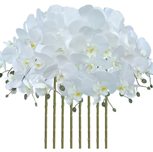 FagusHome 8 Pcs Artificial Phalaenopsis Flowers 32 Inch Artificial Orchid Flowers Fake Flowers Stem Plants for Home Décor (White)