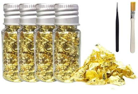 Lonwiner Lot de 4 flocons de feuille d'or pour pâtisserie, décoration de gâteau de mariage, feuille d'or comestible, décoration de cupcake, dessert, flocons d'or