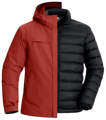 Pioneer Camp Giacca da sci 3 in 1 da uomo, con fodera in piuma, impermeabile e antivento, calda giacca da snowboard con cappuccio regolabile, Vermilion rosso, XL