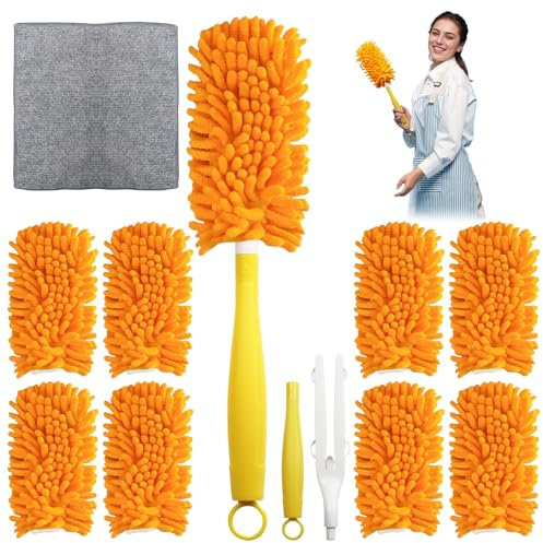 8 Stück Staubwedel Waschbar für Swiffer Duster, Wiederverwendbare 360° Mikrofaser Nachfüllpackungen inkl. 1 Griff & Reinigungstuch, Ersatz für Swiffer Staubmagnet, Staubwischer Set für Haushalt