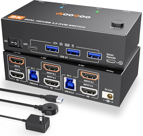 KVM Switch HDMI 8K@60Hz/4K@120Hz, switch KVM HDMI per 2 computer, 2 monitor e 4 dispositivi USB 3.0 condividono, telecomando via cavo e cavo USB inclusi
