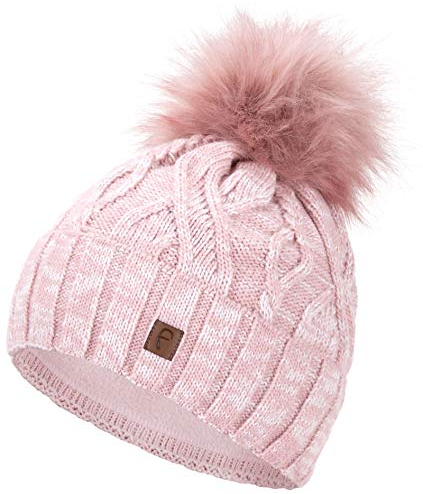 Faera Wintermütze Müttze Damen warm gefüttert mit Bommel Mädchen Bommelmütze Fleecefutter Winter Strickmütze Beanie Herren 33, Farbe:Rose