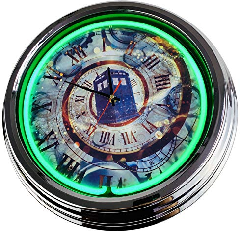 US-Way.de Dr.Who Tardis1 – 44 cm Durchmesser, Deko-Wanduhr ohne Tickgeräusche und gut lesbares Display, USA 50er-Jahre-Stil Neon-Uhr für Küche, Büro (Grün)