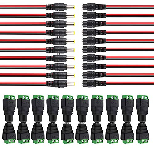 Aiqeer 10 Paia 2.1X5.5 mm DC Alimentazione Connettore Spina Jack Adattatore e 10 Paia Maschio Femmina DC Power Pigtail Connettore, per CCTV Sicurezza Telecamera e LED Strisce