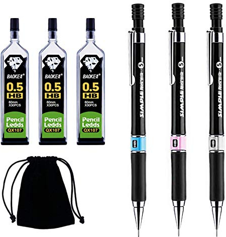 7 st mekanisk pennuppsättning, 0,5 mm automatisk penna svart blypennor mekaniska pennor blypåfyllningar HB penna påfyllningar koppling penna med svart sammetspåse för konstritning skriva skissa snickare