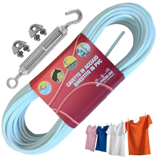 parpyon® Filo per stendere il bucato da esterno 20MT x d.4,5mm Resistente filo stendibiancheria per esterno Made in Italy Cavetto in Acciaio rivestito (Filo+Kit, 20MT)