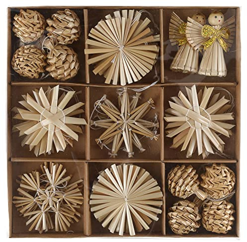 Halmstjärnor halmsmycke set om 32 stycken 9 motiv │ Ø 6 cm halmhängare │ stjärna ängel kula │ julgransprydnad juldekoration julgransprydnad (1 x set med 32 halmstjärnor)
