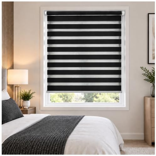 Day and Night Zebra Roller Blinds Dual Layer Fabric Black W 184cm x L 165cm | Blackout and translucent Vision Roller shades Curtains for Bedroom, Easy Fit Home Office Windows Roller Blinds