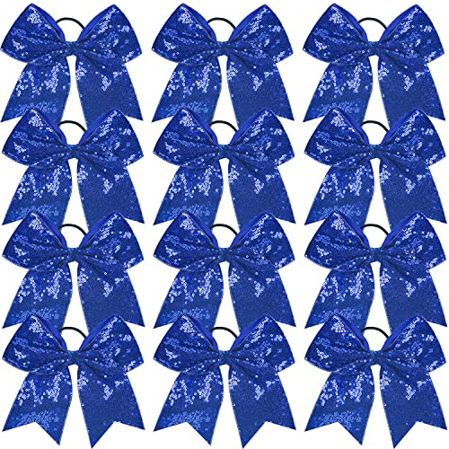 Jeffan 12 Pieces Blue Sequin Cheer Bows, 8 Inch Large Hair Bows with Elastic Ponytail Holder for School Girls Toddlers, Hair Accessories for Cheerleading, Dance, Party