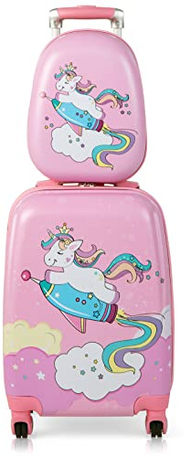 Goplus Kids Luggage Set, 12 & 18 Kids Carry On Luggage Set, Multi-directional Wheels Suitcase, Large Capacity Rolling Trolley Suitcase, Gift for Boys and Girls Toddlers Children Travel (Pink)