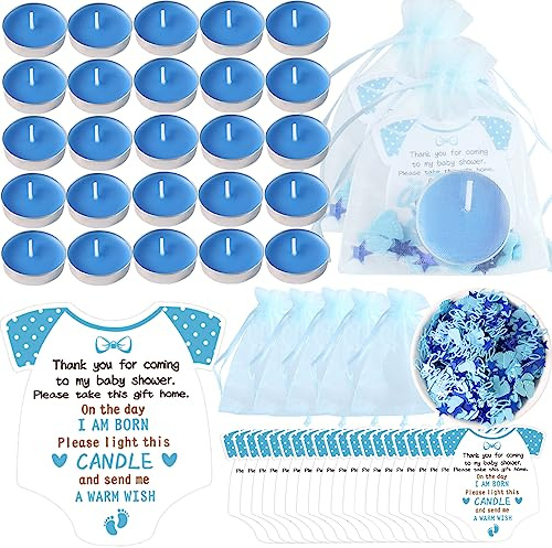 50 Sets Blue Baby Shower Favours with Thank You Cards, Tea Light Candles for Guests, Gender Reveal Party Gift, Cute Boy Themed Decorations