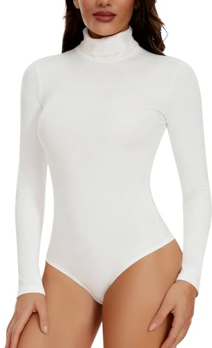 Joyshaper Body Manches Longues Femme Elégant Body String à Col Haut Bodysuit Top Automne Hiver Body Minceur Combinaison Jumpsuit, Blanc, S