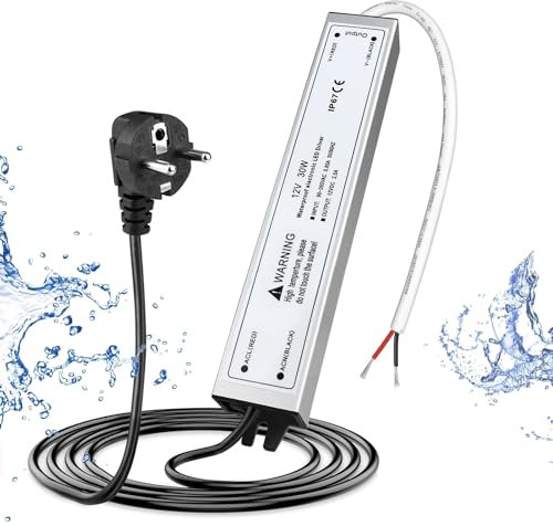 Transformador LED 12V 30W IP67, transformador exterior impermeable con enchufe, fuente de alimentación LED de 230V a 12V DC, adaptador driver LED para tiras, lámparas y proyectores.