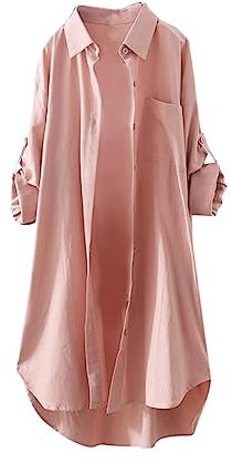 Elegant Long Sleeve Blouse for Women UK - Button Down Tunic Top With Lapel - Casual Dressy Longline Shirt for Office Work - Ladies Plain Basic Pullover - Pink 3XL