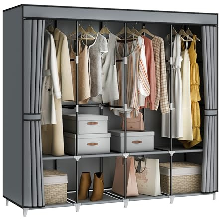 MOGELAFOO Portable Closet Wardrobe, 67-Inch Clothes Organizer with 4 Hanging Rods and 8 Shelves, Non-Woven Fabric Cover, Large Capacity Storage for Bedroom and Living Room, Grey