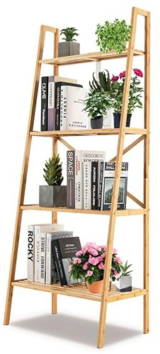 SFAREST Ladder Shelf, 4/6 Tiers Wooden Storage Rack with Footpads, Home Office Display Bookshelf Plant Stand for Living Room Bedroom Kitchen (60 x 35 x 148 cm, Natural)