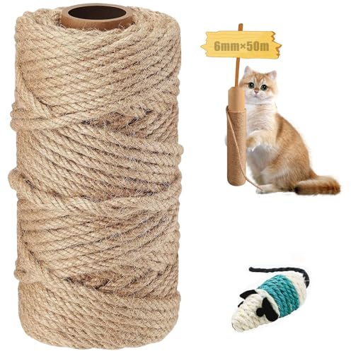YeaHapiday Corda in Sisal Naturale per Tiragraffi 6 mm x 50 m, Con Giocattolo Topo, Accessori per Gatti, Casa (1)