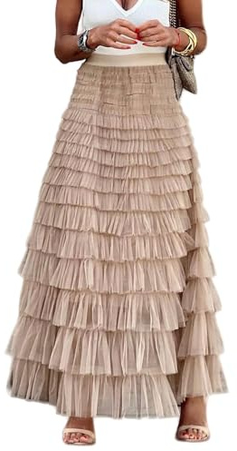 Flygo Women's Long Maxi Tulle Skirt A-Line Ruffle High Waisted Tiered Layered Mesh Tutu Petticoat Champagne S