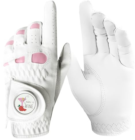 AMRTA Golf Gloves for women Left Hand Leather with Ball Marker 1 Pack,Ladies Golf Glove for Right Handed Golfer Breathable All Weather Grip (S, Left)