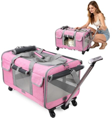 PETCUTE Transportväska för katt med hjul, ventilerande katttransportväska för 2 katter, vikbar katttransportbur hundbärväska med teleskophandtag, avtagbar matta, perfekt för resor