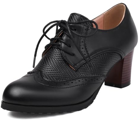 Gicoiz Brogue Oxford Femmes Bureau Travail Lacets Escarpin Bout Fermé Ville Derby Bout Rond Formal Bloc Hauts Chaussures Escarpin Noir Taille 38 EU-39Cn