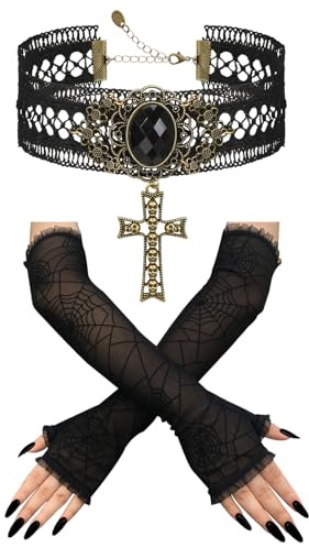 Augesak 2 Pièces Bijoux Gothiques Vampires, Gants Dentelle Noir Vintage+Collier Dentelle Gothique, Accessoire Gothiques pour Mascarade Carnaval Cosplay