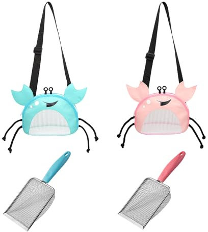 Shimmerz 4PCS Beach Toy Set, Cute Beach Bag in the Shape of a Crab with Adjustable Strap Beach Bag and Sand Filter Scoop（Blue-Pink Crab）