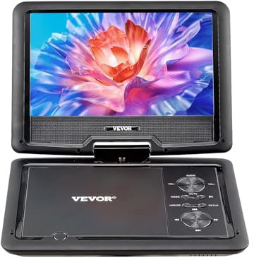 VEVOR Lecteur DVD Portable, écran HD pivotant de 256 mm, avec Chargeur de Voiture, Batterie Rechargeable intégrée de 4 Heures, Deux Haut-parleurs, synchronisation TV/USB/Carte SD/CD/DVD, pour Voiture