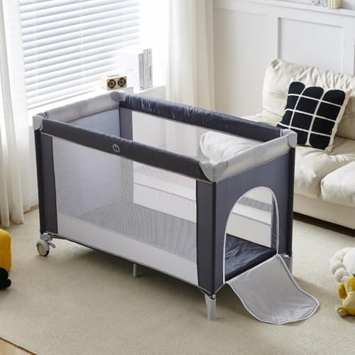 MeJa Portable Baby Travel Cot with Wheels, Foldable Baby Crib, Infant Bed for Nursery (Basic, Grey)