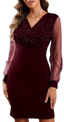 CheChury Sparkly Dresses for Women Elegant Glitter Dresses Sequin V-Neck Formal Dress Long Sleeve Cocktail Dresses Mini Bodycon Evening Dresses Wedding Dinner Occasion Club Party Wear,Wine Red,S