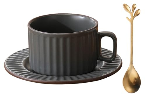 All-Pie Ceramic Cappuccino Cups with Saucers and Spoon,Coffee,Tea Cup - 250 ml/8.8 oz, Matte Retro (Grey)