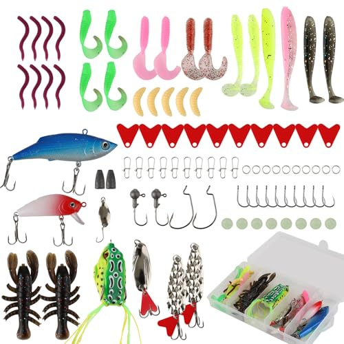 Juego de accesorios de pesca, 107 unidades, cebo de pesca, amplio para agua dulce y salada, juego con caja de aparejos, ideal para siluro, perca, salmón, trucha, lucio