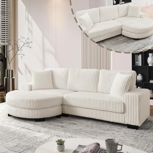 VSOGA L-formad hörnsoffa – 4-sitsig soffa, 256,5 x 133,5 x 89 cm, klassisk Corduroy, modulär design med oval pall, 2 kuddar ingår, perfekt för vardagsrum, lägenheter & kontor, beige