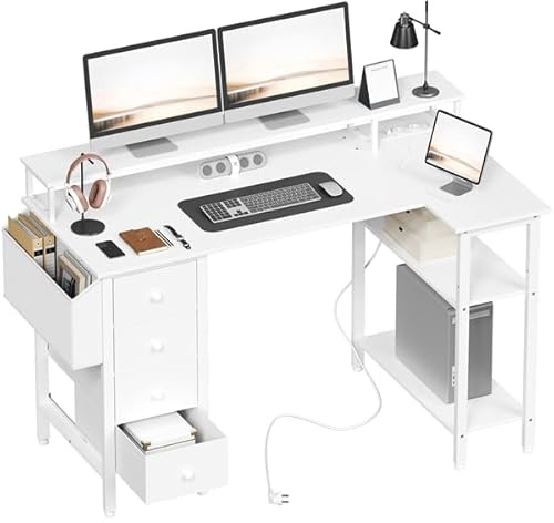 Yaheetech Escritorio Esquinero con 4 Cajones de Tela, 120x68cm Escritorio en L Reversible con 2 Puertos de Carga USB y 2 Enchufes, Mesa en L con Estante para Monitor para Oficina en Casa, Blanco